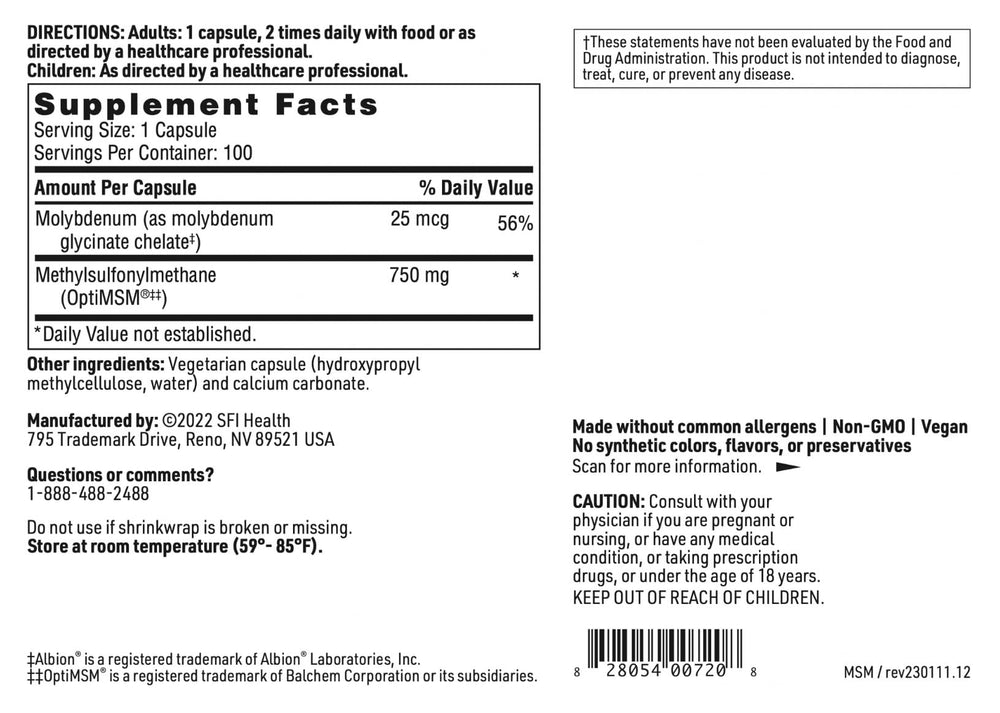 SFI Health Klaire Labs MSM 750mg per capsule for sulfur delivery.