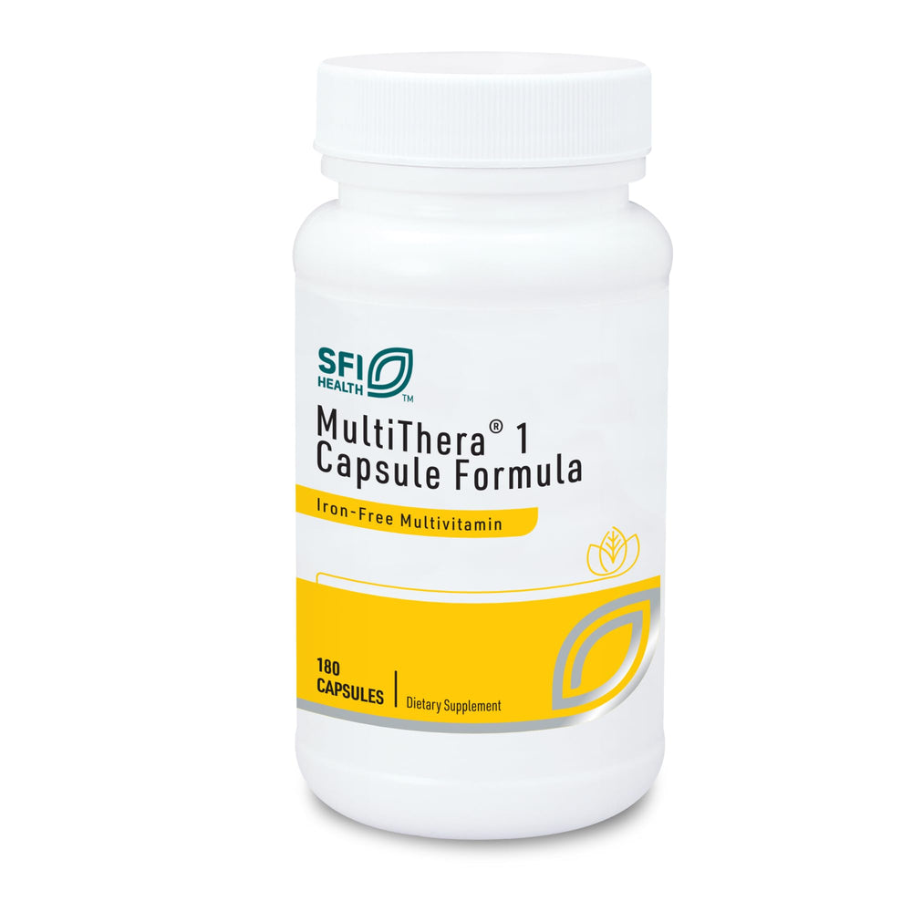 SFI Health MultiThera bottle showcases an iron-free formula for daily micronutrients.