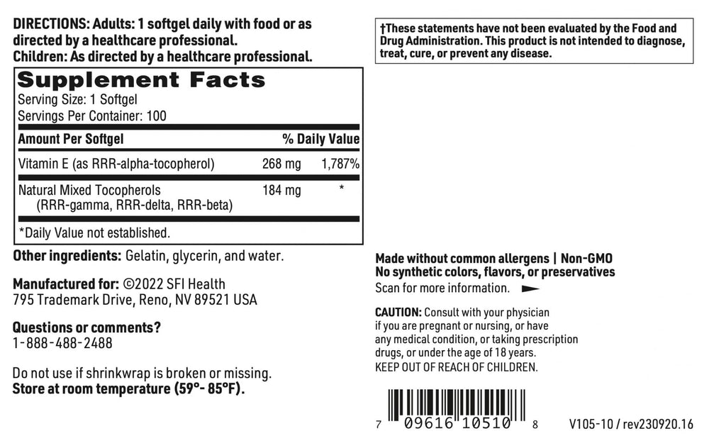 SFI Health Pure-E allergen-free formula label highlights absence of common allergens.