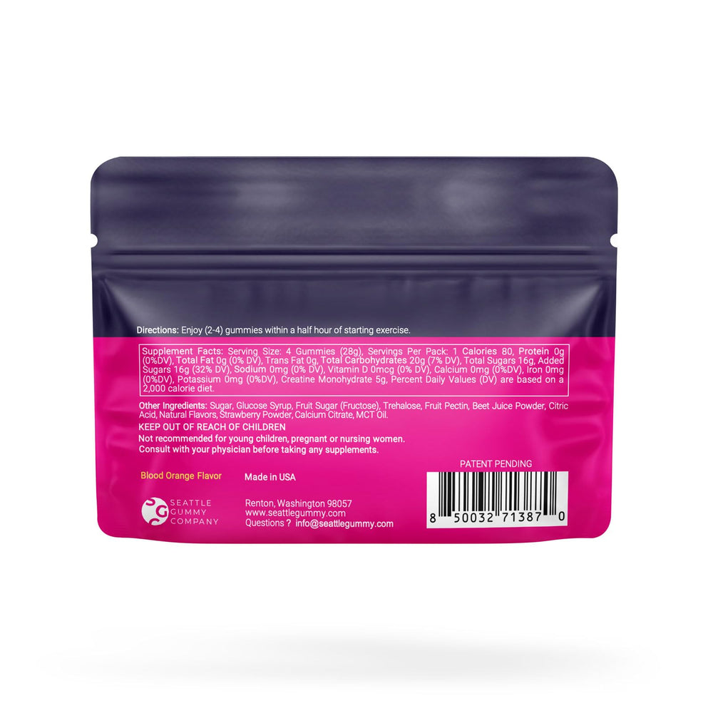 SGC blood orange gummies pack showing 28g plant-based creatine for strength and endurance.