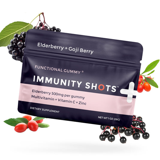 SGC Immunity Shots elderberry-goji bottle highlighting vegan multivitamin formula for daily wellness.