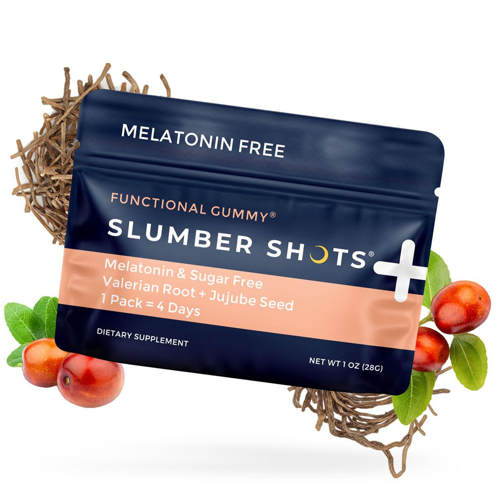 Close-up of the Slumber Shots label emphasizing melatonin-free herbal formula for restful evenings.