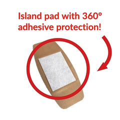 Closeup of SH School Health bandages on packaging, highlighting secure adhesive and flexible pad.