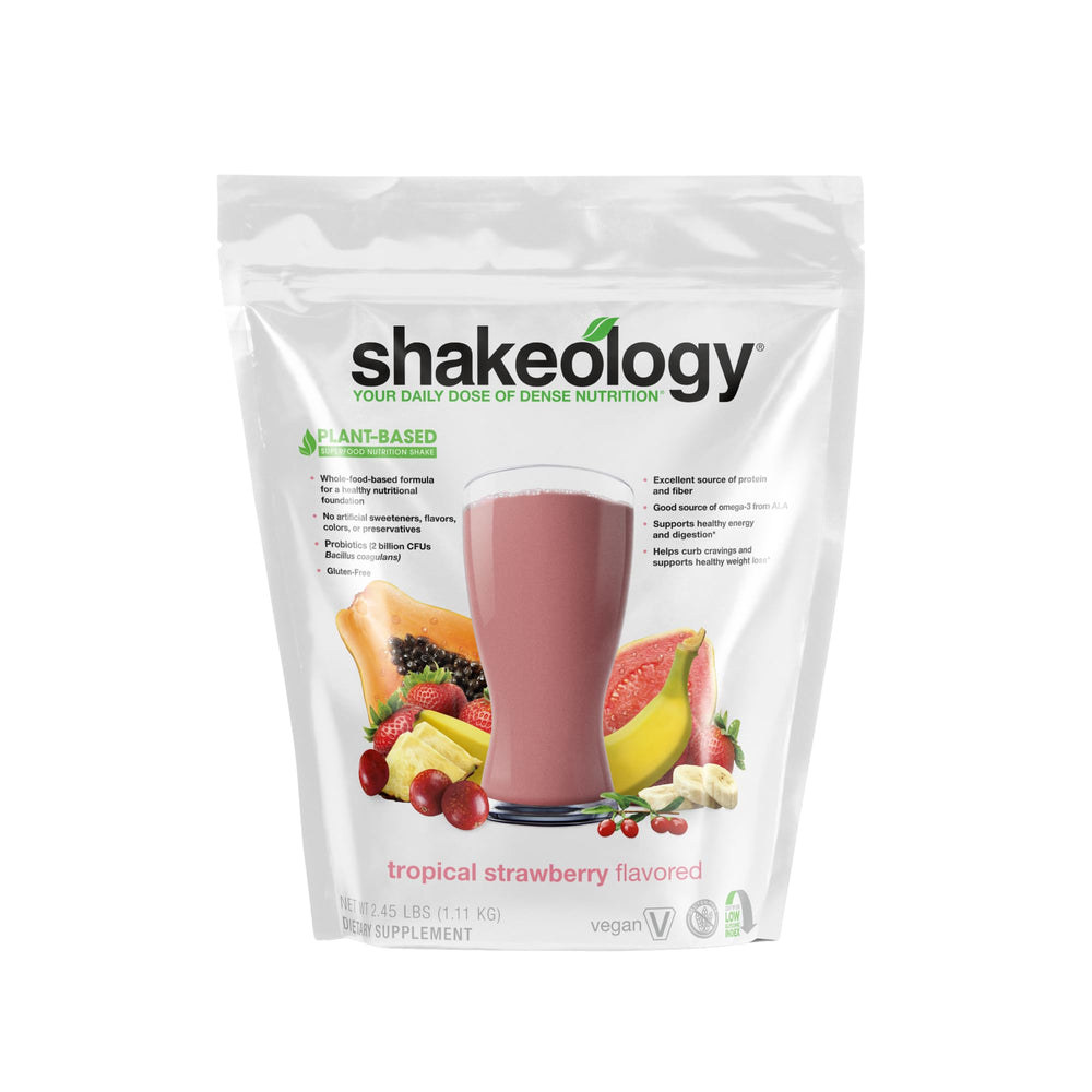 Shakeology Tropical Strawberry bottle showing gluten-free vegan protein for post-workout recovery.