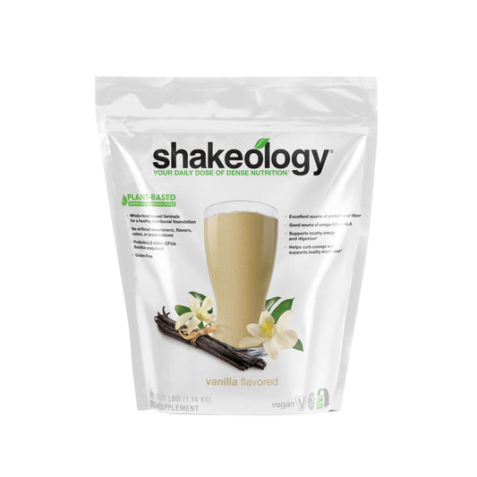Shakeology vanilla plant-based protein powder bottle for daily weight management