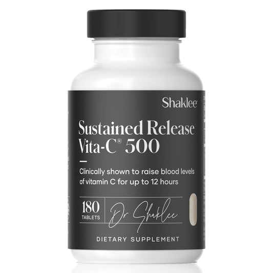 Shaklee Sustained-Release Vita-C 500mg bottle shown for daily immune support and steady vitamin C release.