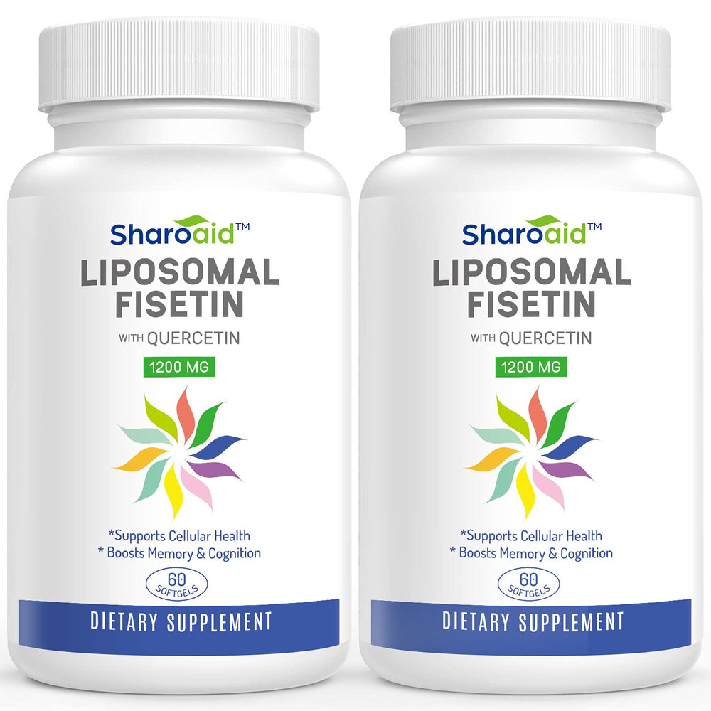 Sharoaid liposomal fisetin quercetin bottle label highlights enhanced absorption.