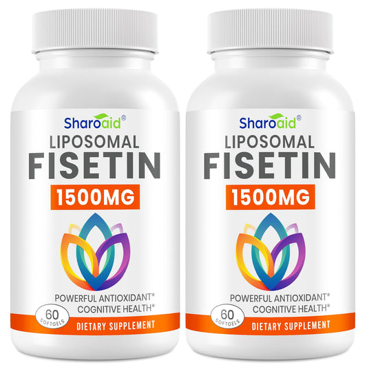 Sharoaid Fisetin liposomal bottle close-up showing advanced delivery for antioxidant support