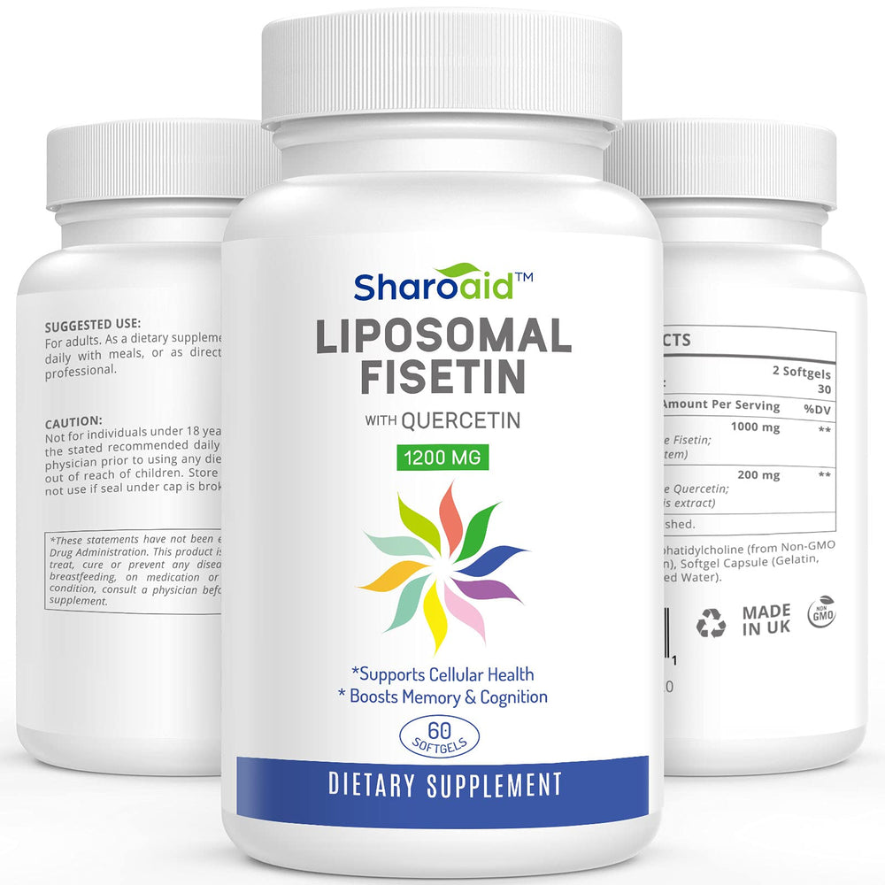 Sharoaid liposomal fisetin-quercetin bottle front shows premium antioxidant blend for daily wellness.