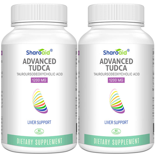 Sharoaid TUDCA liver support bottle front view highlighting high potency 1200 mg
