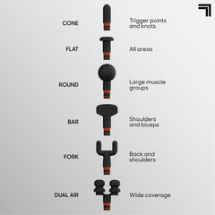 Sharper Image six attachment heads including round, flat, bar, and cone for versatile massage.