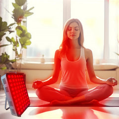 SHASHKA red light panel body-use shot demonstrates convenient at-home recovery.