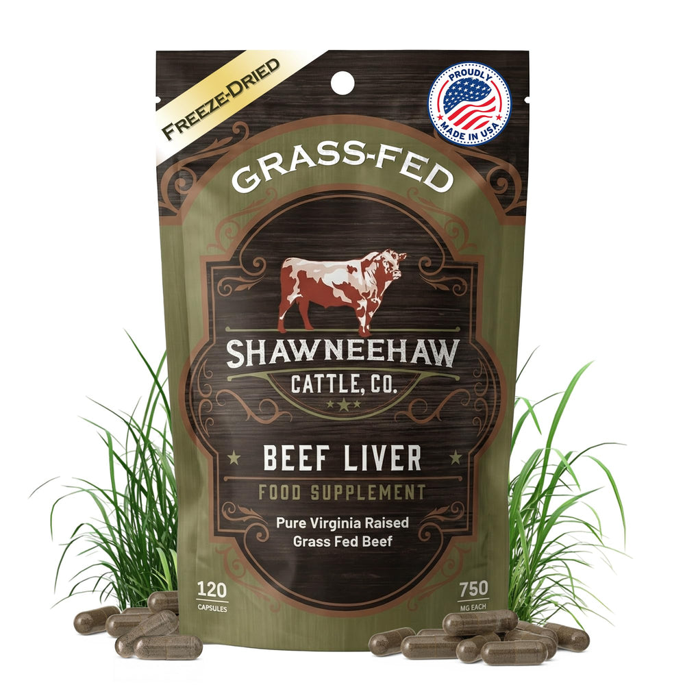 Shawneehaw Cattle liver supplement bottle front, freeze-dried capsules for energy support.