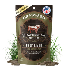 Shawneehaw Cattle liver supplement bottle front, freeze-dried capsules for energy support.