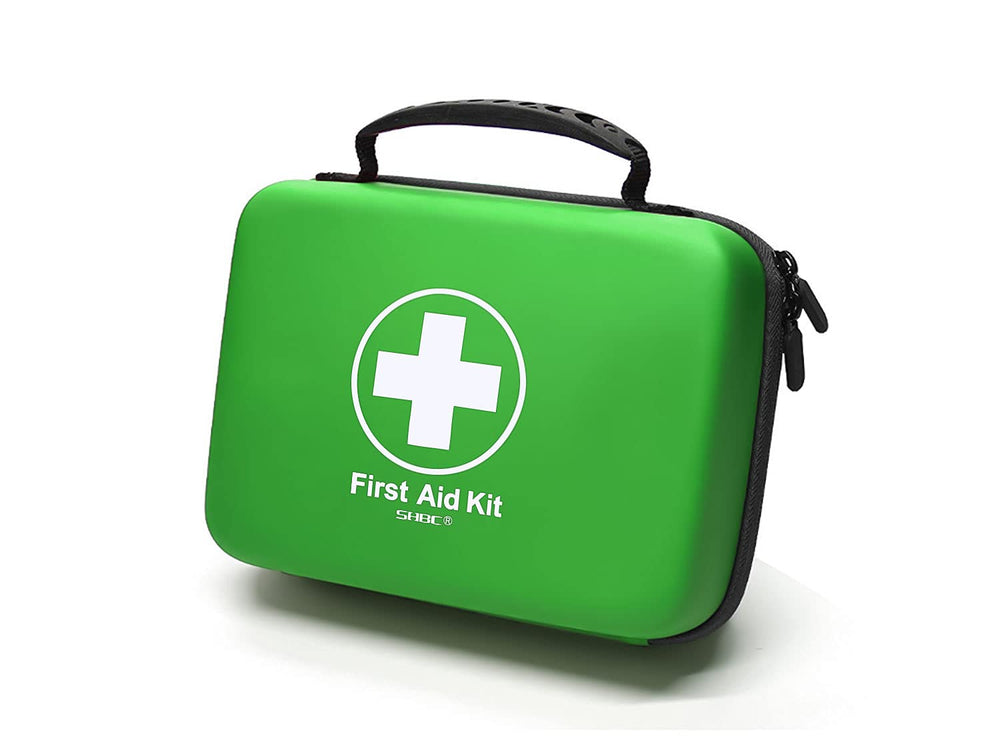 SHBC waterproof first aid kit in compact EVA case, ideal for home or travel.