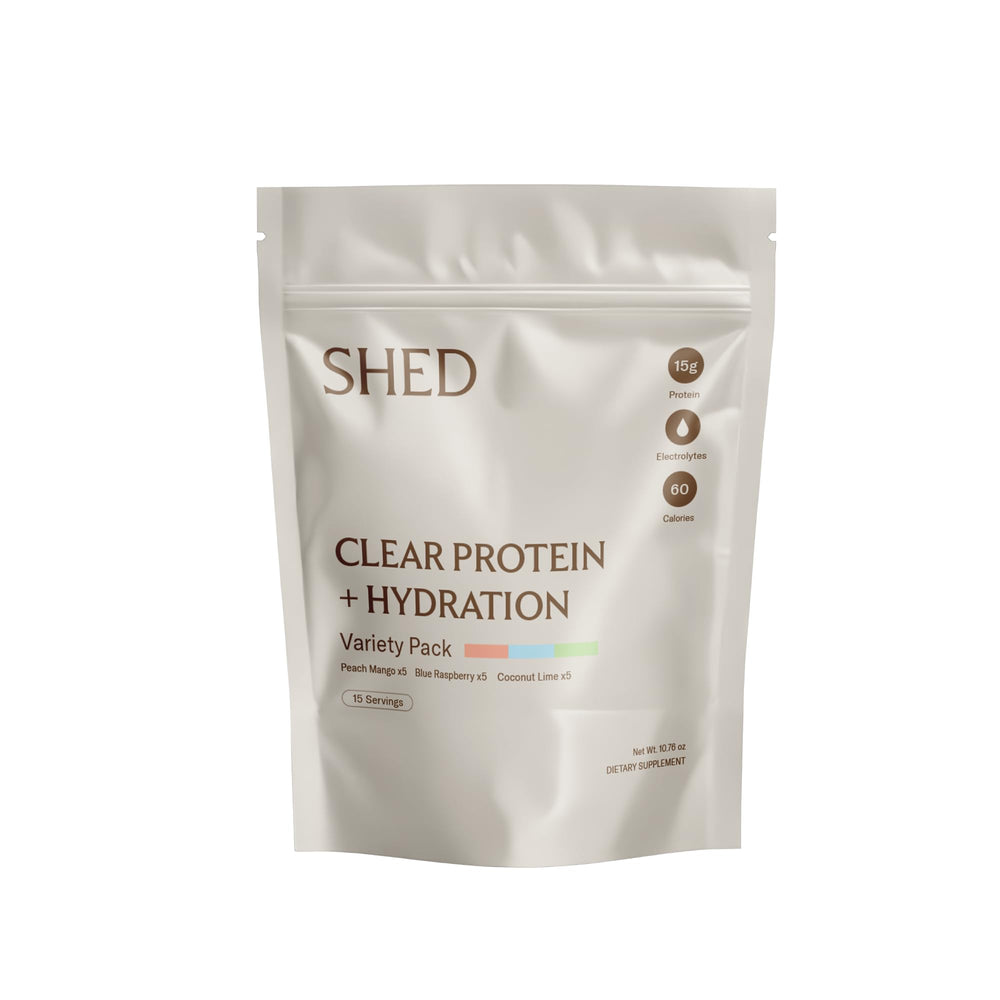 Shed Clear Protein with Electrolytes bottle pour for fast hydration after workouts.