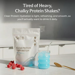 Shed Clear Protein label close-up shows 15 g whey isolate per scoop.