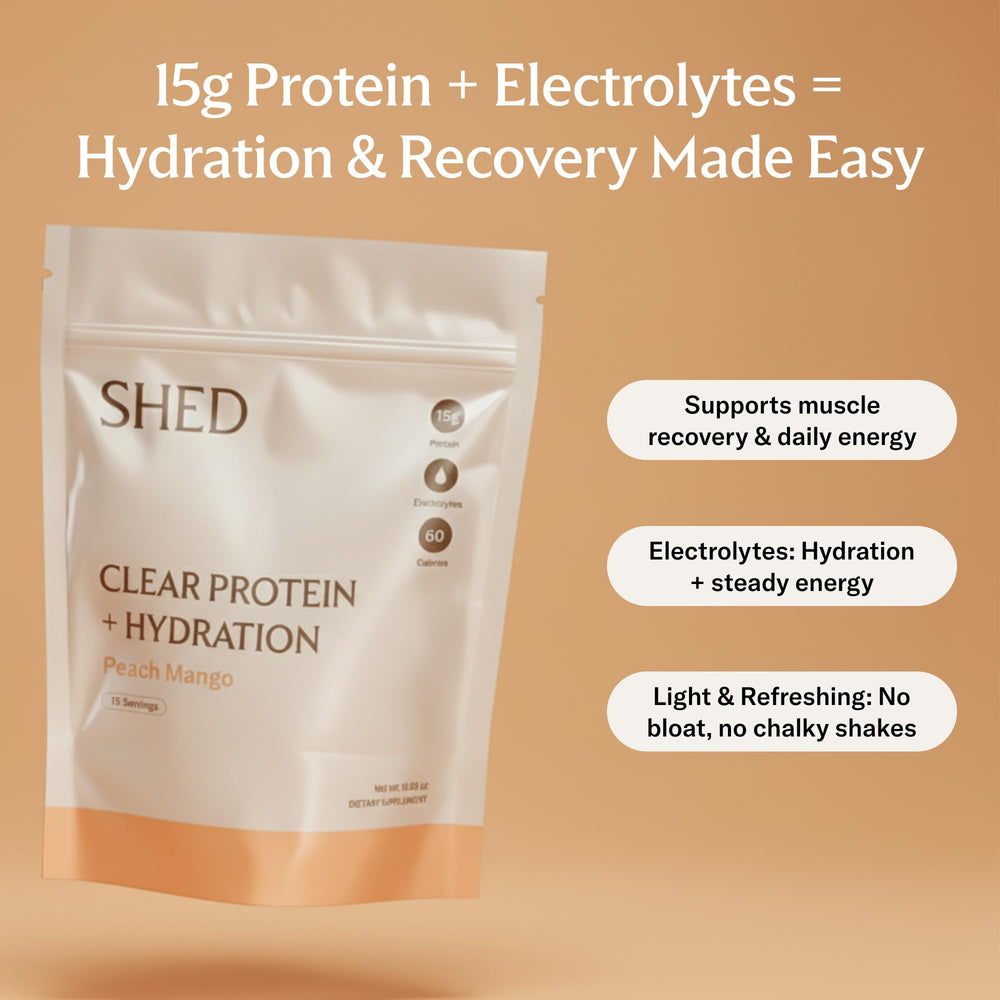 Shed Clear Protein Peach Mango bottle poured into a glass