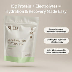 Shed Nutrition Clear Protein Blue Razz glass showing easy mix and bright flavor.