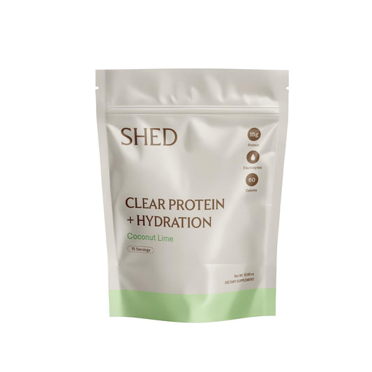 Shed Nutrition Clear Protein Coconut Lime bottle for refreshing post-workout hydration.