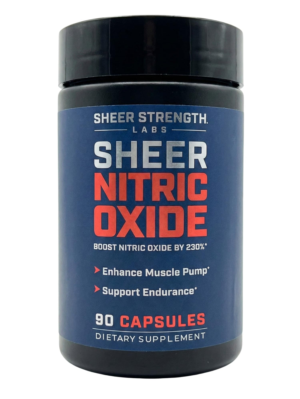 Sheer Strength Labs nitric oxide bottle pour supports quick pump and focus during workouts.