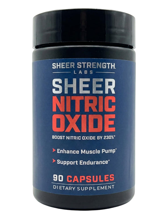 Sheer Strength Labs nitric oxide bottle pour supports quick pump and focus during workouts.