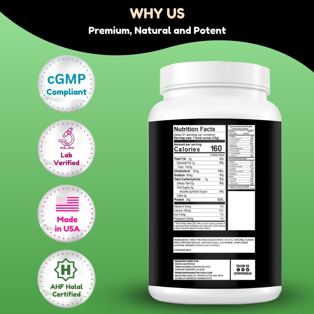 SHIFAA NUTRITION Gluten-free, non-GMO whey suitable for keto and allergies