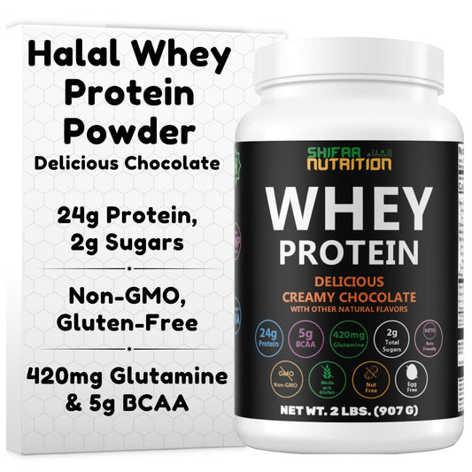 SHIFAA NUTRITION halal whey protein packaging label emphasizing clean ingredients.