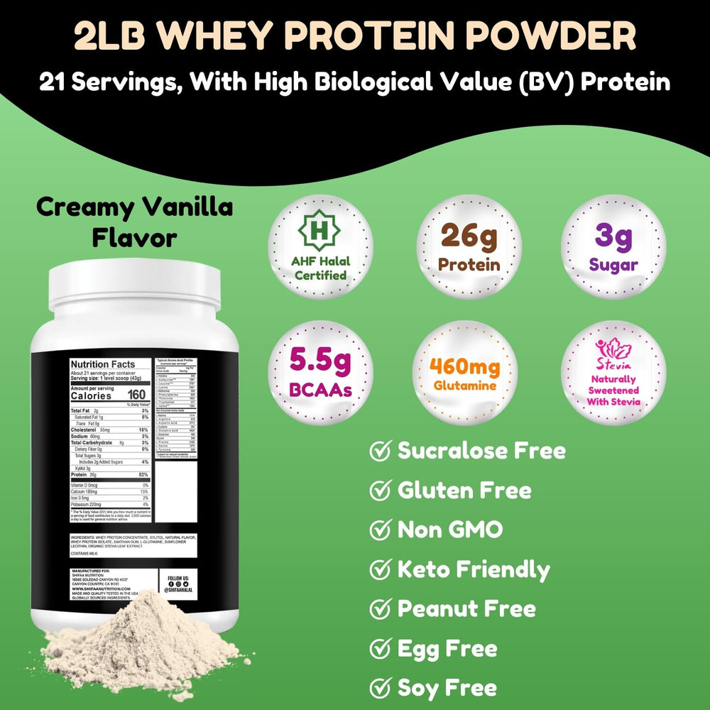 SHIFAA NUTRITION Vanilla whey powder scoop highlighting high BV protein for muscle support