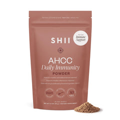 SHII AHCC Daily Immunity Powder bottle front highlights vegan formula