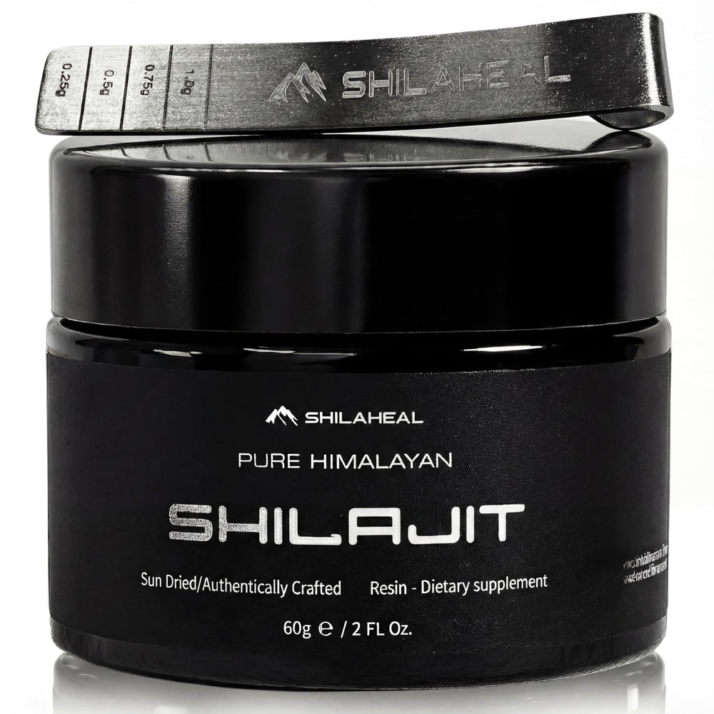 SHILAHEAL Shilajit Resin in an amber jar supports daily energy with minerals