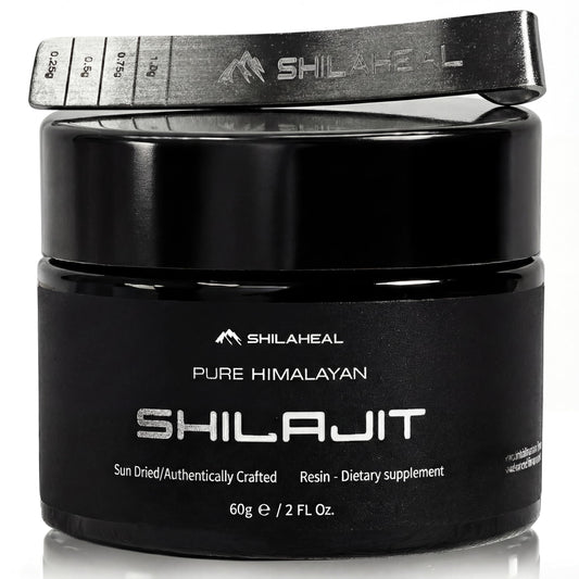 SHILAHEAL Shilajit Resin in an amber jar supports daily energy with minerals