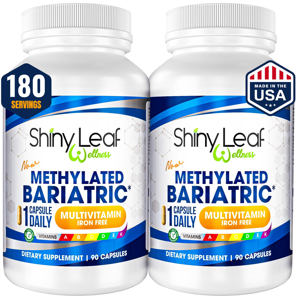 Shiny Leaf bariatric multivitamin bottle with methylated capsule for post-surgery nutrition.