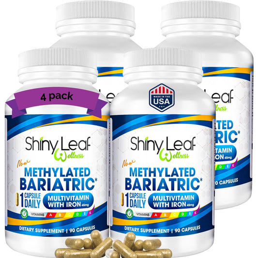 Shiny Leaf methylated bariatric multivitamin bottle for easy daily post-surgery nutrition.