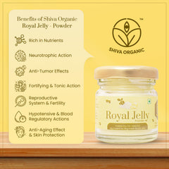 Shiva Organic Royal Jelly Powder beside smoothie, illustrating easy mixing.
