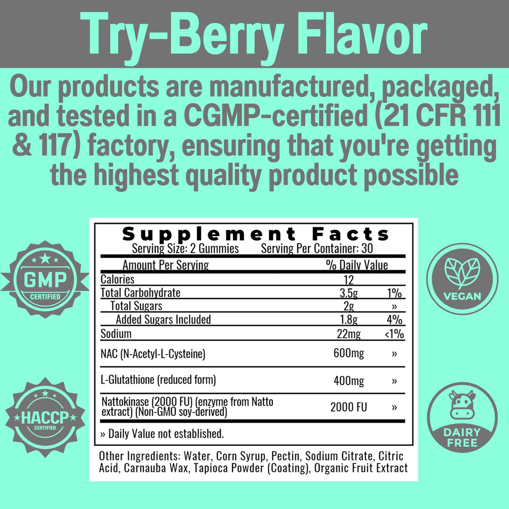 Nutritional facts panel for SHIZAM NAC gummies with serving details.