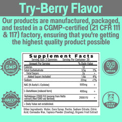 Nutritional facts panel for SHIZAM NAC gummies with serving details.