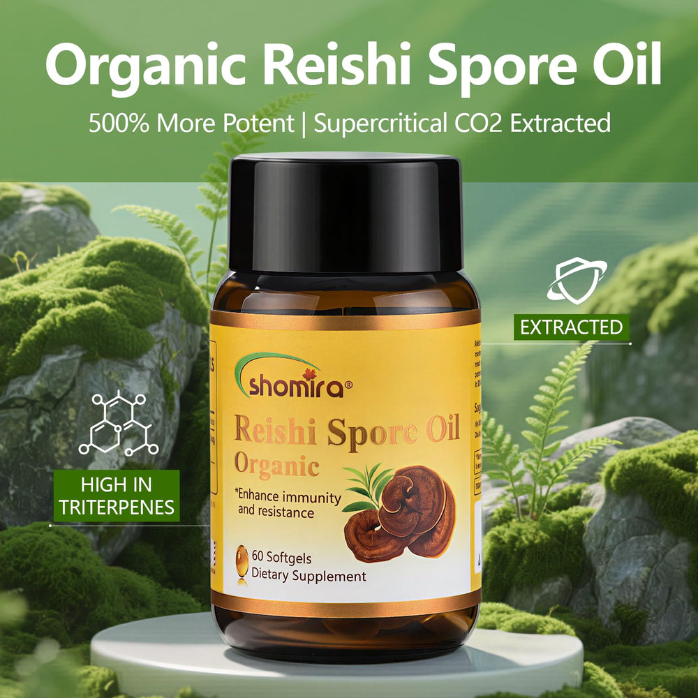 Shomira Reishi Spore Oil label close-up emphasizing Ganoderma triterpenes for immune balance.