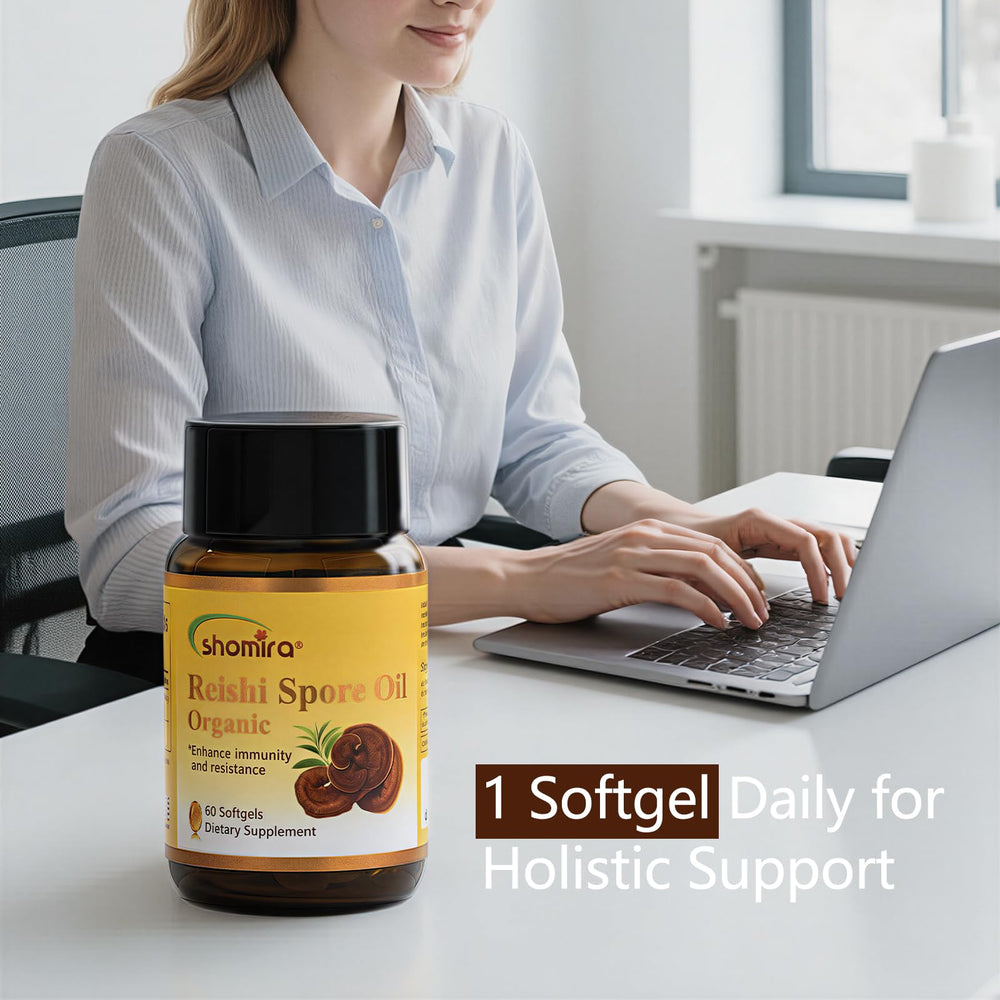 Shomira Reishi Spore Oil capsule close-up shows triterpenes and fatty acids for cellular wellness.