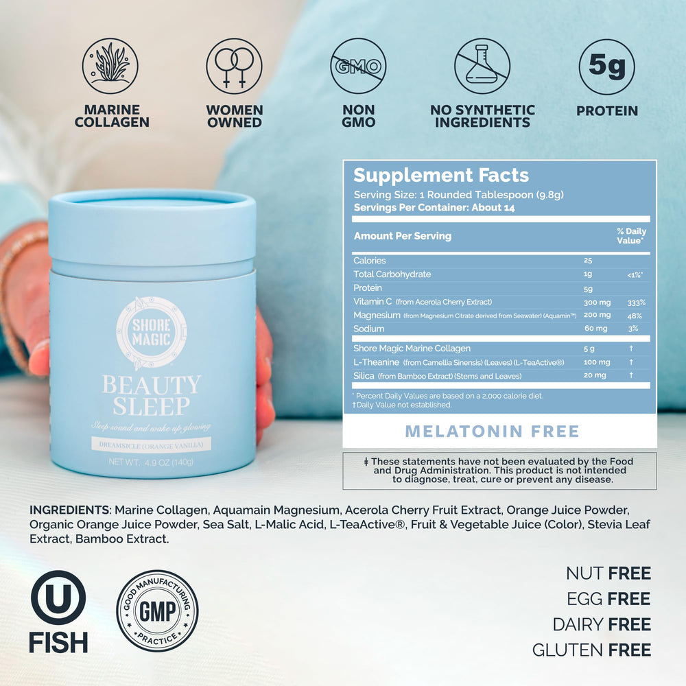 Shore Magic hydrolyzed collagen powder container supporting skin elasticity and hair strength