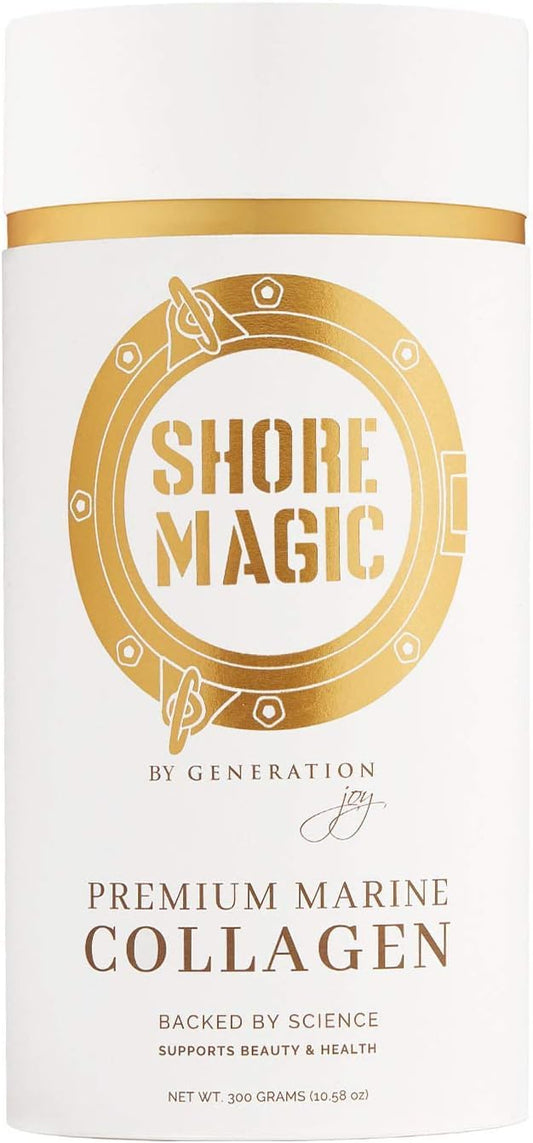 Shore Magic Marine Collagen Powder tub close-up showing unflavored formula