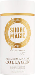 Shore Magic Marine Collagen Powder tub close-up showing unflavored formula