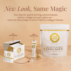 Shore Magic collagen travel packets arranged for on-the-go routine