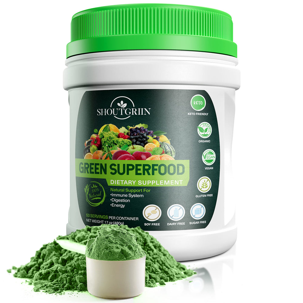 SHOUTGRIIN Green Superfood Powder bottle for a quick daily greens boost.