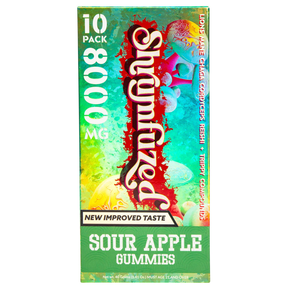 Shrumfuzed bottle front shows New Improved Taste and daily wellness.