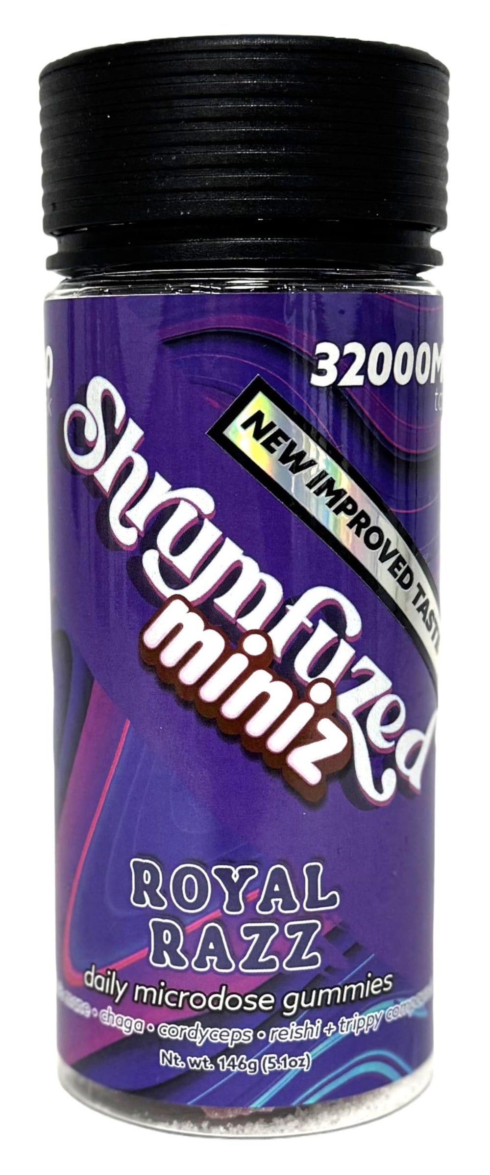 Shrumfuzed Miniz jar front label highlighting the new taste and 32000mg formula
