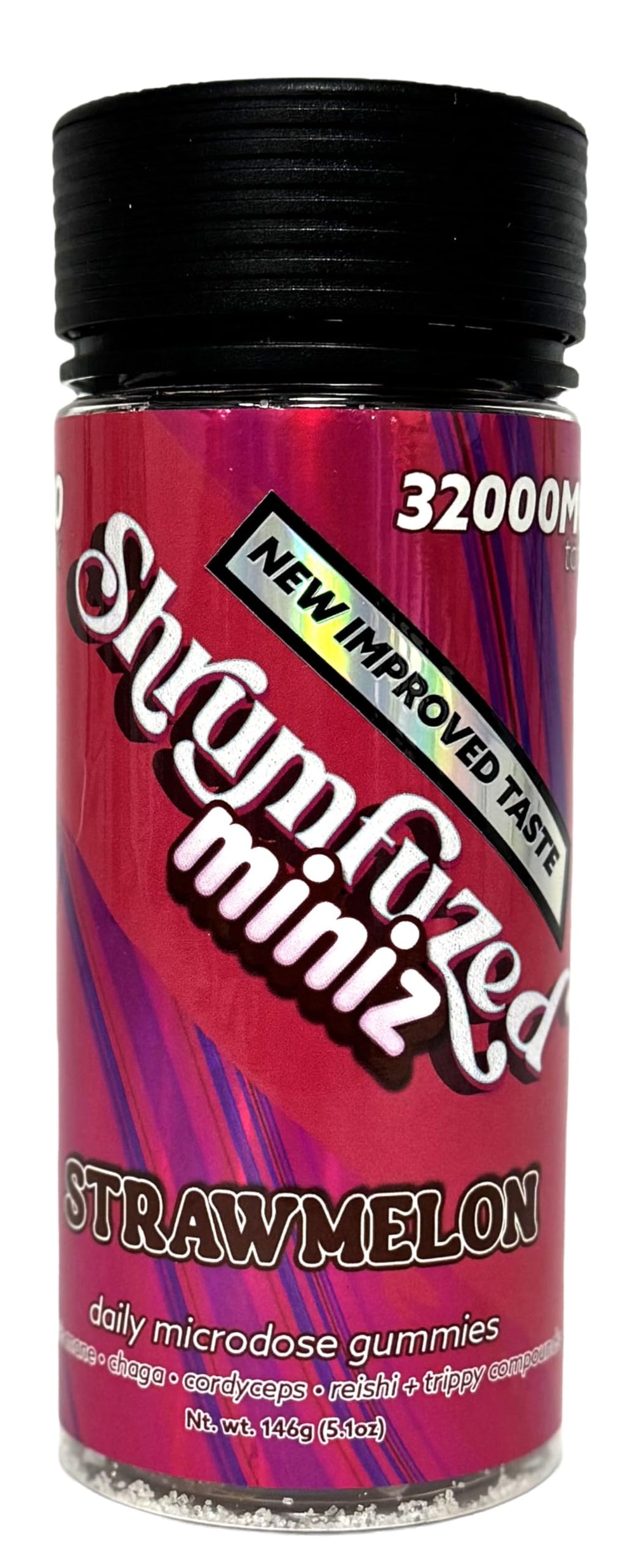 Shrumfuzed Miniz jar front with New Improved Taste for daily focus