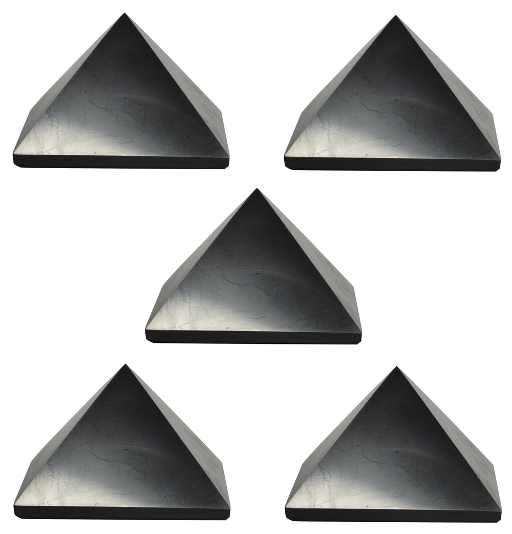 Shungite World authentic pyramid 70mm top view emphasizes protective energy balance