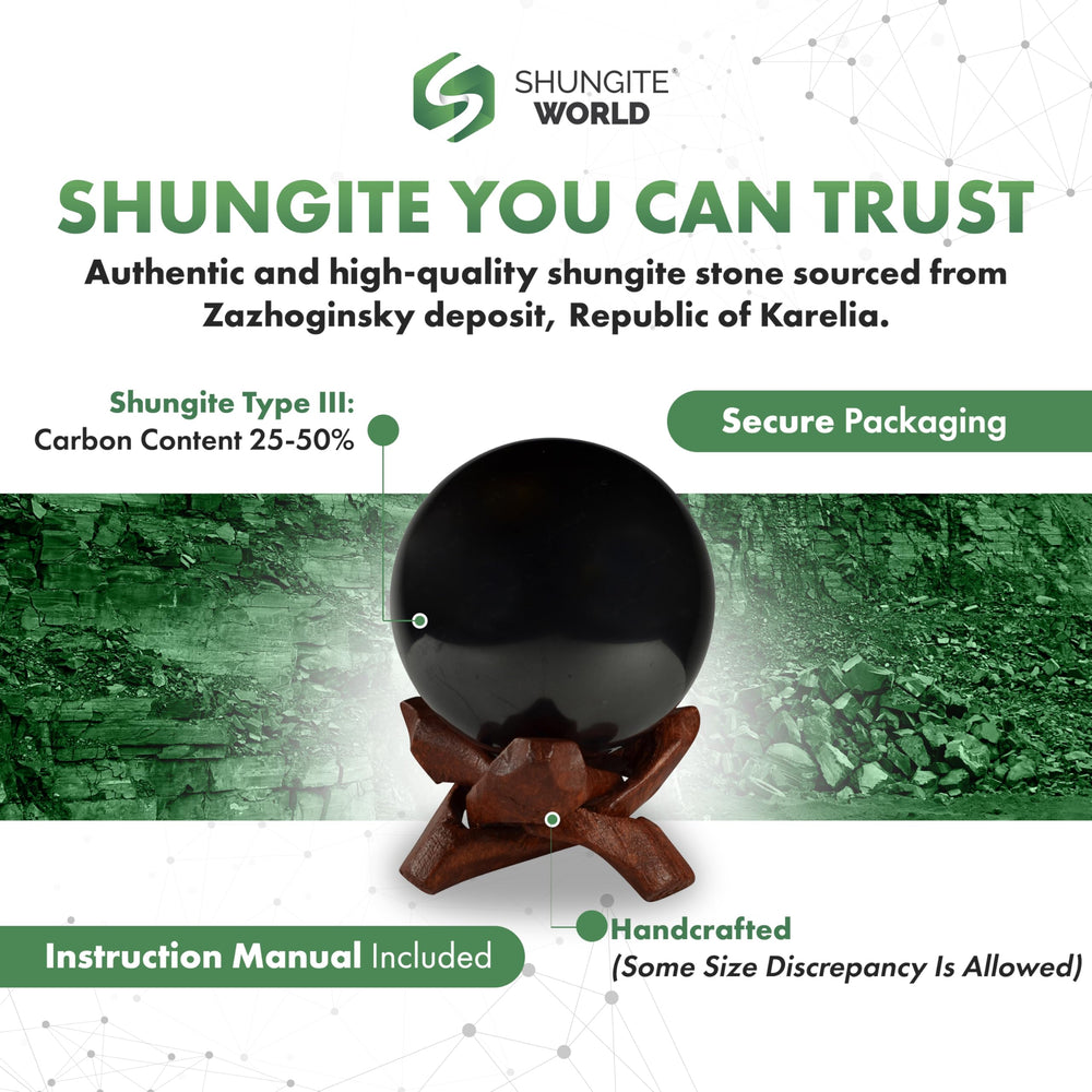 Shungite World sphere close-up texture, showing natural carbon rich surface for tactile mindfulness