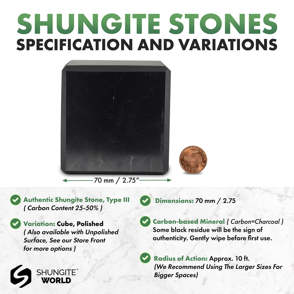 Shungite World chakra energy cube shown on a desk for enhanced focus.